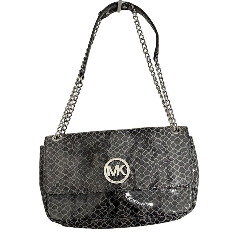 Michael Kors Grey Snakeskin‎ Embossed Shoulder Bag Silver MK Logo Chain Strap